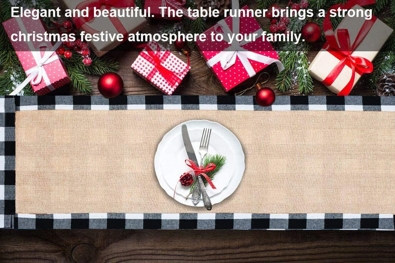 Senneny Christmas Table Runner Burlap & Cotton Black White Plaid Reversible Buffalo Check Table Runner for Christmas Holiday Birthday Party Table Home Decoration, 14 X 72 Inch