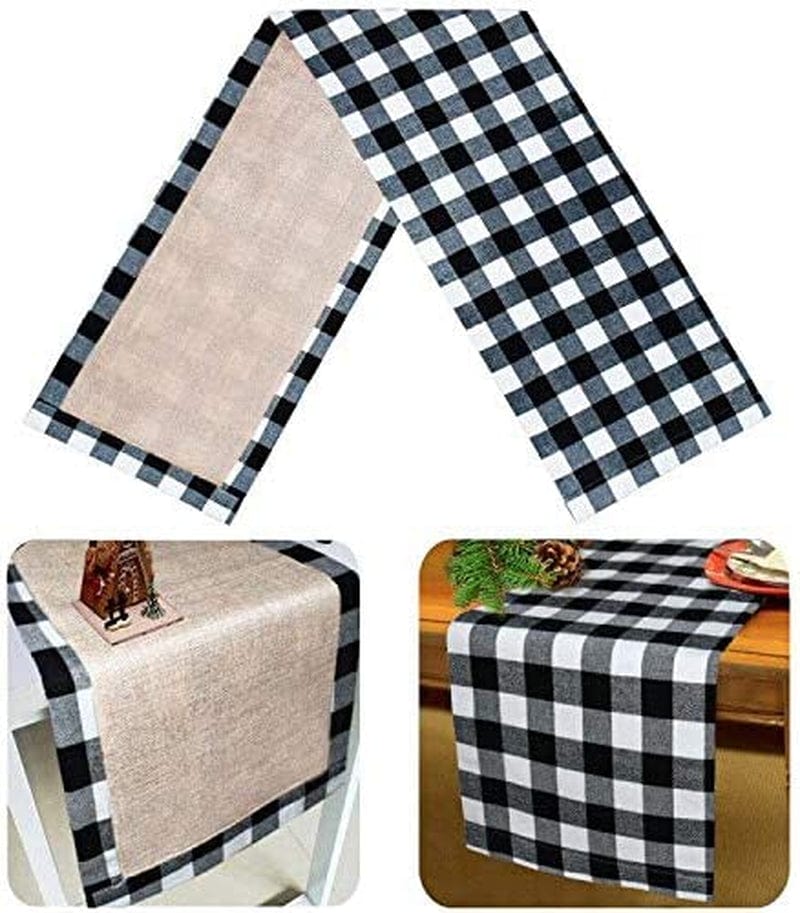 Senneny Christmas Table Runner Burlap & Cotton Black White Plaid Reversible Buffalo Check Table Runner for Christmas Holiday Birthday Party Table Home Decoration, 14 X 72 Inch Home & Garden > Decor > Seasonal & Holiday Decorations Senneny Black and White 14 x 36 Inch 