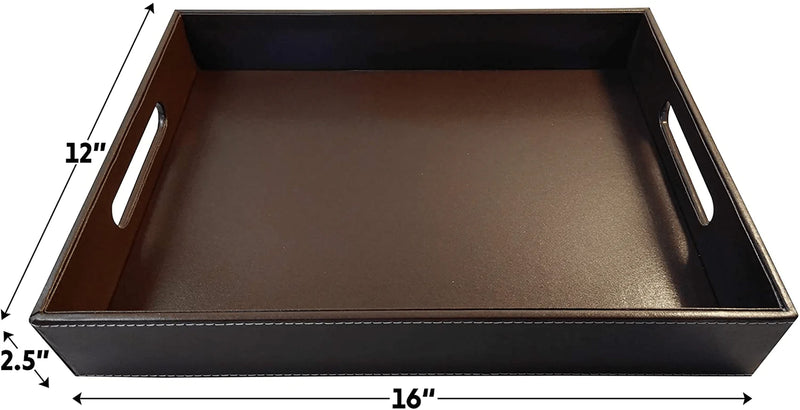 Serving Tray with Handles, Coffee Table Tray, Ottoman Tray, Breakfast Tray, Rectangular Decorative Tray, Brown PU Leather, 16 in x 12 in x 2.5 in