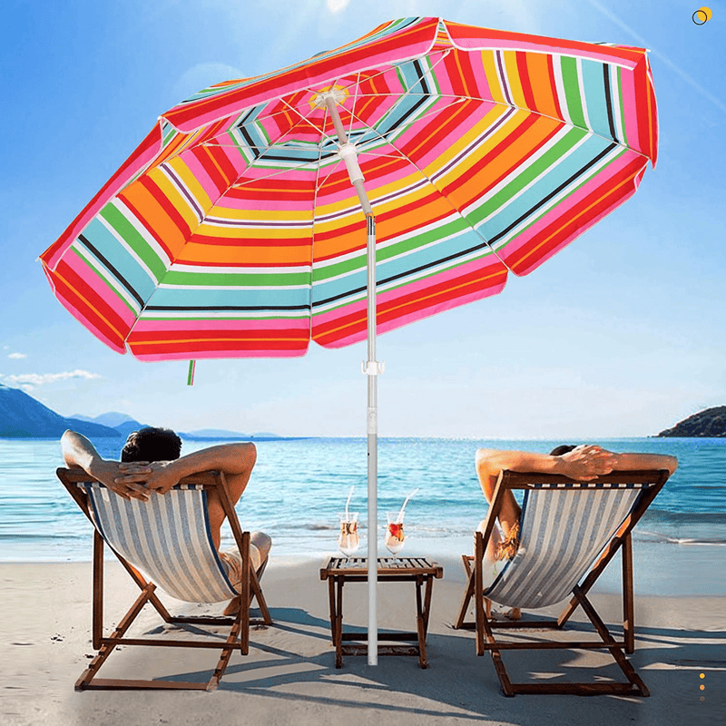 SERWALL 7.5FT Beach Umbrella UV 50+ Outdoor Portable Sunshade Umbrella with Sand Anchor, Push Button Tilt and Carry Bag for Patio Outdoor Garden Beach (Red-White Stripe)