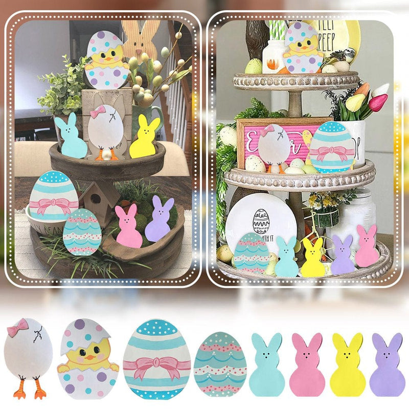 Set of 8 Easter Tiered Tray Decorations Colorful Rabbits Eggs Wooden Decorative Easter Decor Rustic Farmhouses Easter Signs Home & Garden > Decor > Seasonal & Holiday Decorations Yiwula   