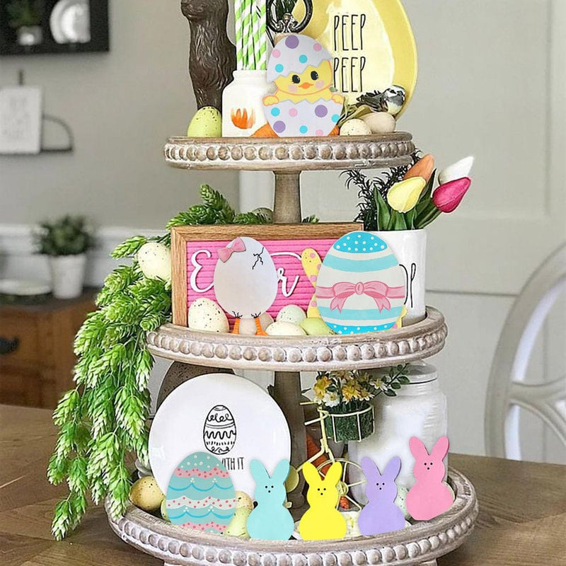 Set of 8 Easter Tiered Tray Decorations Colorful Rabbits Eggs Wooden Decorative Easter Decor Rustic Farmhouses Easter Signs Home & Garden > Decor > Seasonal & Holiday Decorations Yiwula   