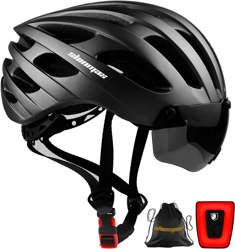 Shinmax Bike Helmet with USB Rechargeable Light & Detachable Magnetic Goggles UV Protective & Carry Bag Reflective Bicycle Helmet Men Women Mountain Road Adjustable Adult Cycling Helmet (WT-049) Sporting Goods > Outdoor Recreation > Cycling > Cycling Apparel & Accessories > Bicycle Helmets Shinmax Black  