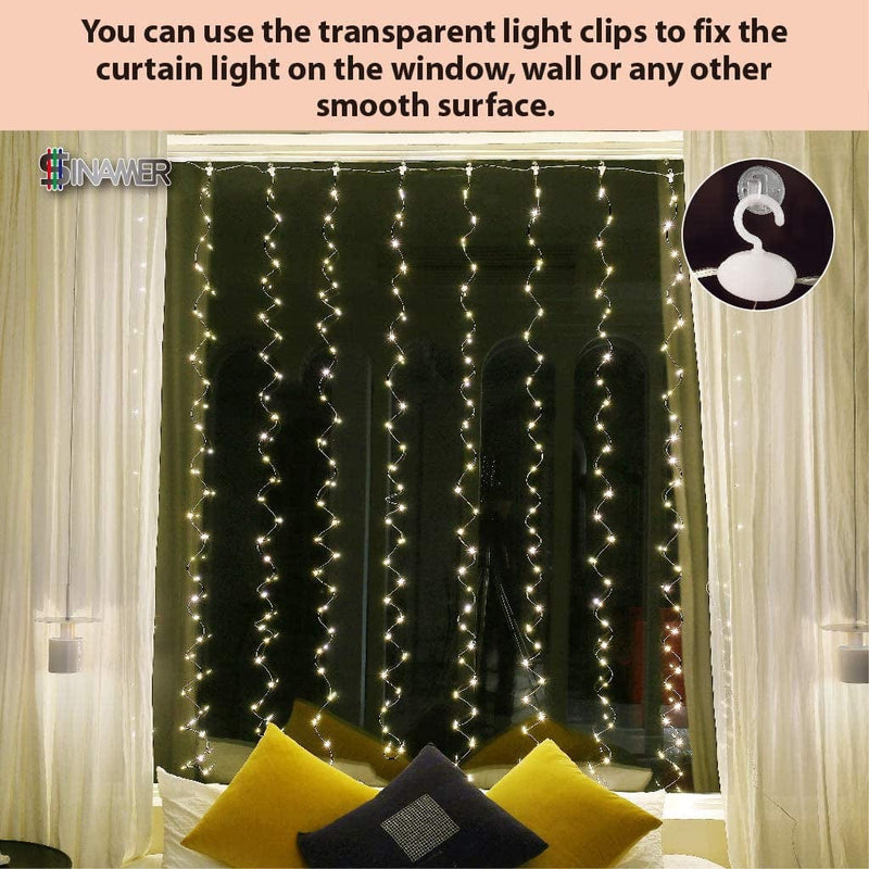 SINAMER White Curtain Light for Bedroom, 300 LED 9.8Ft X 9.8Ft Curtain String Light with 16 Hooks, 8 Models Remote Control, Window Fairy Light with USB for Wedding Party Home Garden Indoor Decorations Home & Garden > Lighting > Light Ropes & Strings SINAMER   