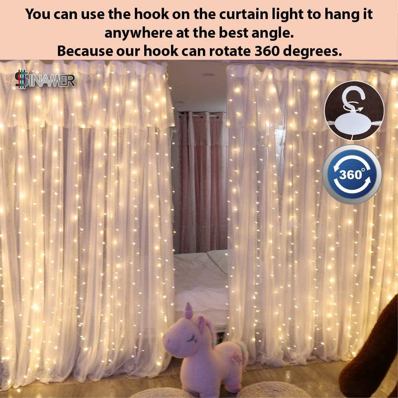 SINAMER White Curtain Light for Bedroom, 300 LED 9.8Ft X 9.8Ft Curtain String Light with 16 Hooks, 8 Models Remote Control, Window Fairy Light with USB for Wedding Party Home Garden Indoor Decorations Home & Garden > Lighting > Light Ropes & Strings SINAMER   