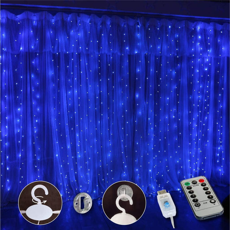 SINAMER White Curtain Light for Bedroom, 300 LED 9.8Ft X 9.8Ft Curtain String Light with 16 Hooks, 8 Models Remote Control, Window Fairy Light with USB for Wedding Party Home Garden Indoor Decorations Home & Garden > Lighting > Light Ropes & Strings SINAMER Blue  