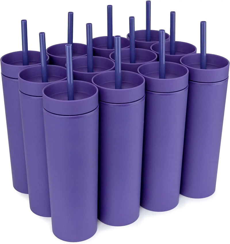 SKINNY TUMBLERS (12 Pack) Matte Pastel Colored Acrylic Tumblers with Lids and Straws | 16Oz Double Wall Plastic Tumblers with FREE Straw Cleaner! Reusable Cup with Straw | Vinyl DIY Gifts (Black) Home & Garden > Kitchen & Dining > Tableware > Drinkware STRATA CUPS Purple  