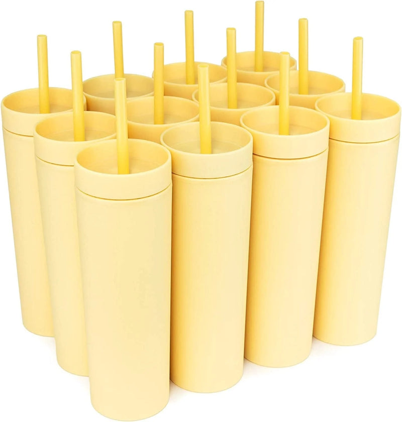 SKINNY TUMBLERS (12 Pack) Matte Pastel Colored Acrylic Tumblers with Lids and Straws | 16Oz Double Wall Plastic Tumblers with FREE Straw Cleaner! Reusable Cup with Straw | Vinyl DIY Gifts (Black) Home & Garden > Kitchen & Dining > Tableware > Drinkware STRATA CUPS Yellow  