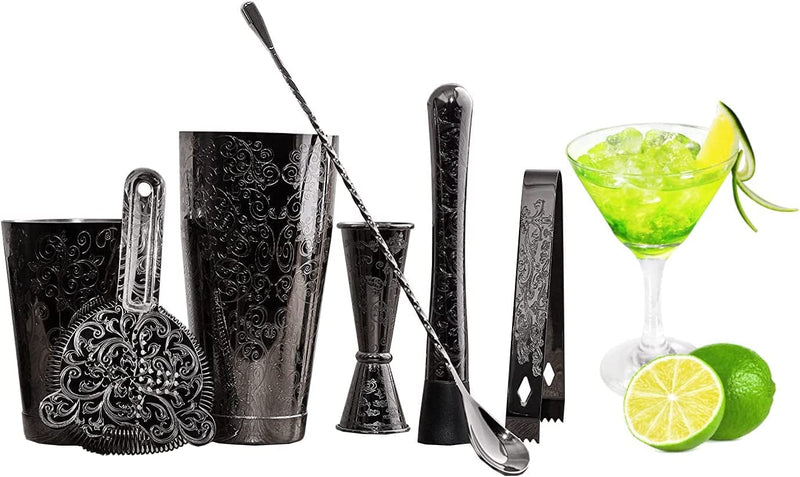 Sky Fish Bartender Kit Cocktail Shaker Set-7 Pieces Stainless Steel Black Plated Etching Bar Tools with Boston Shaker Tins,Mixing Spoon,Mojito Muddler,Japanese Double Jigger,Hawthorne Strainer Home & Garden > Kitchen & Dining > Barware Sky Fish   