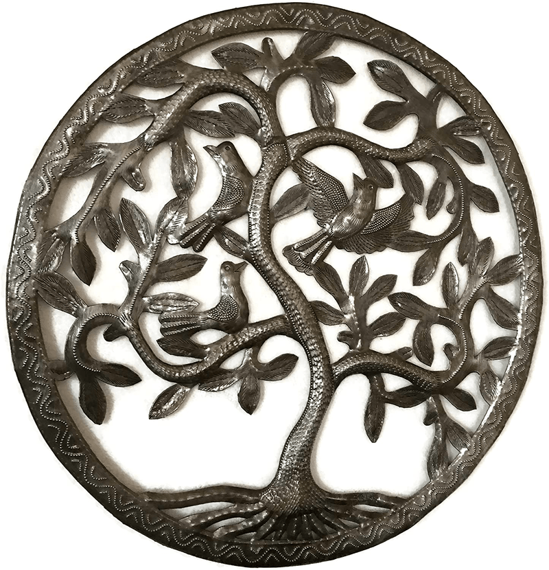 Small Tree of Life Wall Art, Metal Hanging Decor, Indoor Outdoor Family Circle Tree, Handmade from Recycled Material, Haiti,17 Inches Fair Trade Federation Certified Home & Garden > Decor > Artwork > Sculptures & Statues It's Cactus Default Title  