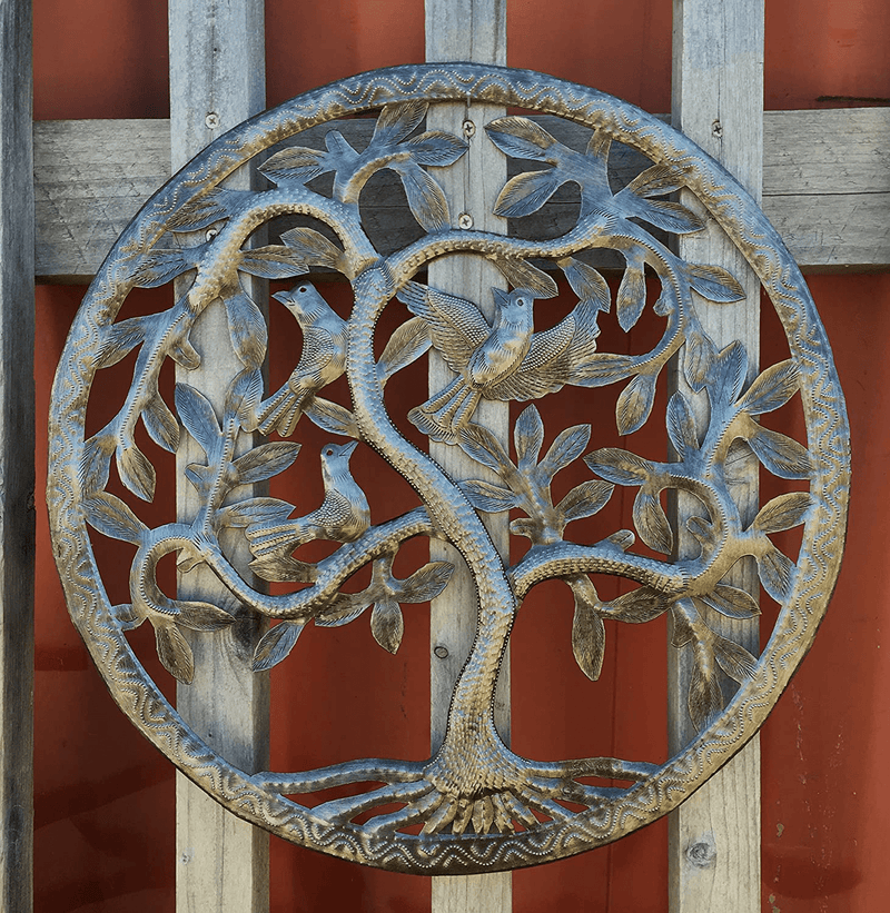 Small Tree of Life Wall Art, Metal Hanging Decor, Indoor Outdoor Family Circle Tree, Handmade from Recycled Material, Haiti,17 Inches Fair Trade Federation Certified Home & Garden > Decor > Artwork > Sculptures & Statues It's Cactus   