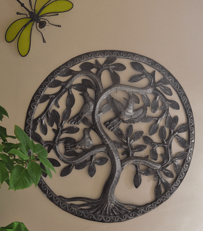 Small Tree of Life Wall Art, Metal Hanging Decor, Indoor Outdoor Family Circle Tree, Handmade from Recycled Material, Haiti,17 Inches Fair Trade Federation Certified Home & Garden > Decor > Artwork > Sculptures & Statues It's Cactus   