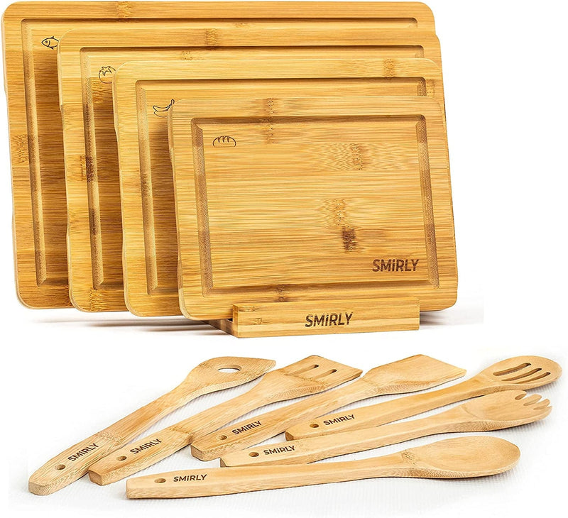 SMIRLY Bamboo Cutting Boards for Kitchen - Bamboo Cutting Board Set, Chopping Board Set - Wood Cutting Board Set with Holder - Wooden Cutting Board Set (Large & Small) Animals & Pet Supplies > Pet Supplies > Bird Supplies > Bird Cages & Stands SMIRLY   