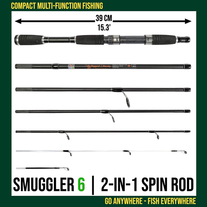 Smuggler 6 Travel Fishing Rod. Super Compact Spin Pack Rod 2 Tips 2 Lengths Max 7’ Min 3’ 3”” Compacts to 15’ + Cordura Tube. Rigged and Ready Sporting Goods > Outdoor Recreation > Fishing > Fishing Rods RIGGED & READY TRAVEL FISHING   