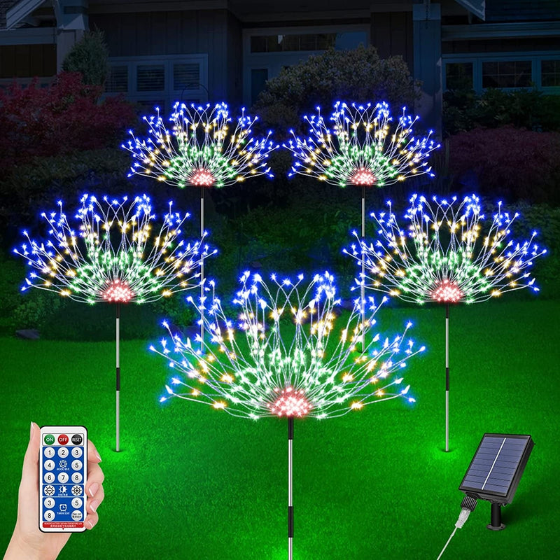 Solar Firework Lights, Outdoor Solar Decorative Lights, 5 Pack 600 LED Waterproof Solar Garden Fireworks Lamp with Remote, 8 Mode Solar Garden Decor for Pathway Courtyards Christmas