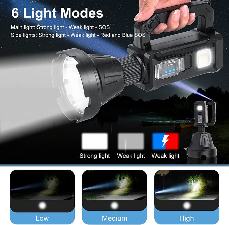 Solar Flashlights High Lumens Solar Spotlight, Rechargeable Flashlights Super Bright Handheld LED Spot Light with COB Light Waterproof 6 Modes Flashlight for Camping Emergency with Tripod and 3 Lens
