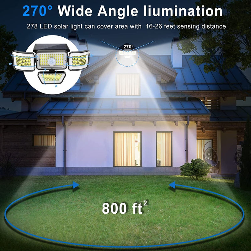 Solar Flood Lights Outdoor, 3000LM Motion Activated Security Lights, 4 Adjustable Head 300° Wide Lighting Angle with 3 Lighting Modes, IP65 Waterproof 278 LED Wall Lamp for Porch Yard Garage, 2 Packs