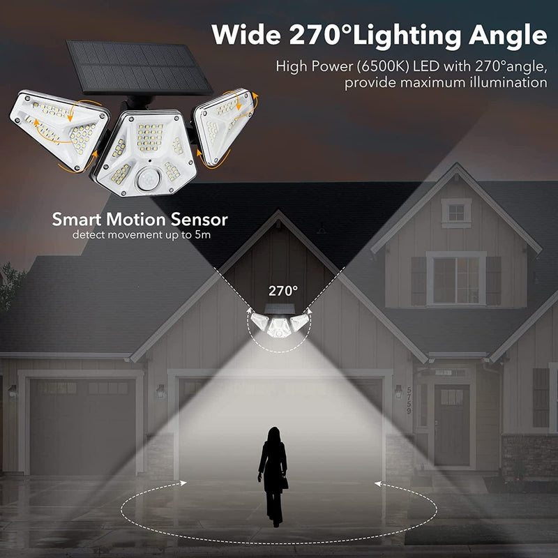 Solar Flood Lights Outdoor with Motion Sensor, 3 Heads Security Lights Solar Powered, 113 LED Flood Light Motion Detected Spotlight for Garage Yard Entryways Patio, IP65 Waterproof 2 Pack