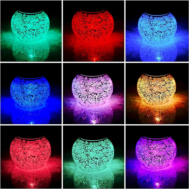 Solar Glass Ball Table Light Color Changing Solar Powered Mosaic Crackle Glass Table Lamps Waterproof LED Night Light for Bedroom Yard Patio Halloween Christmas Decorations (Crackle Glass, White)