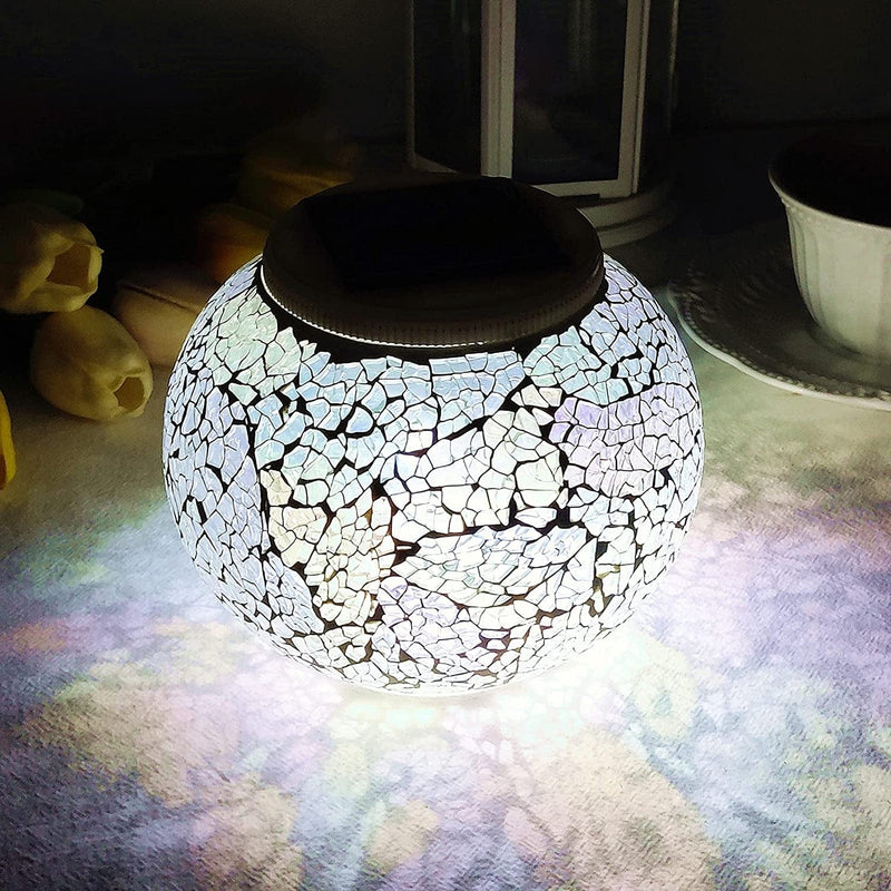 Solar Glass Ball Table Light Color Changing Solar Powered Mosaic Crackle Glass Table Lamps Waterproof LED Night Light for Bedroom Yard Patio Halloween Christmas Decorations (Crackle Glass, White)
