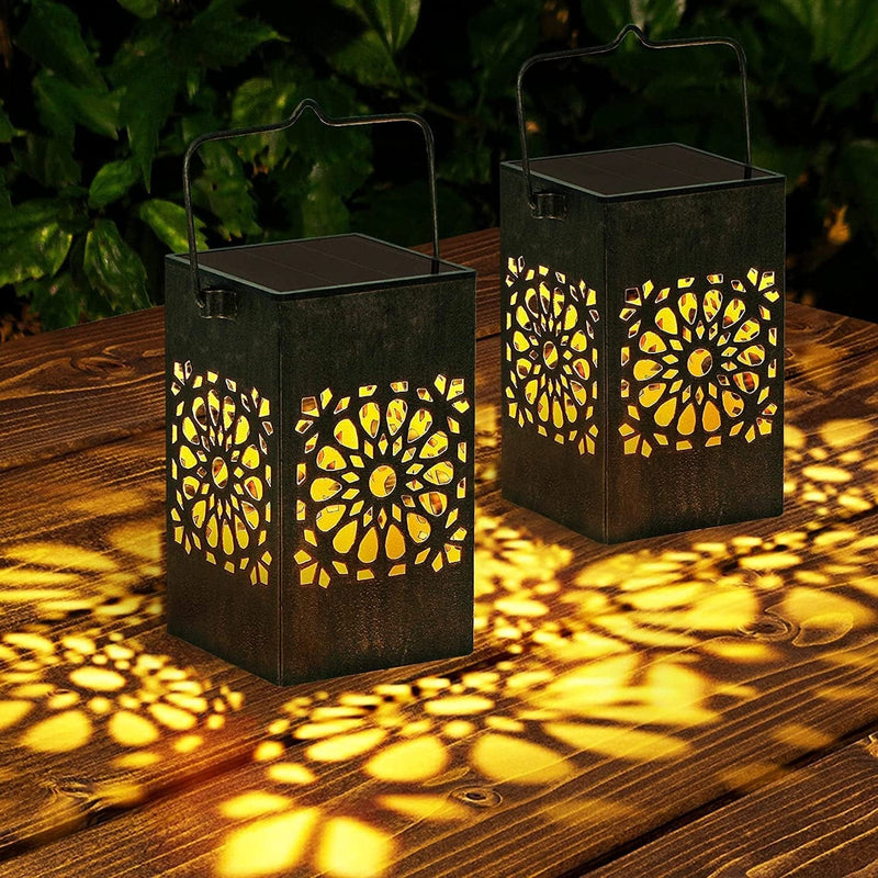 Solar Lanterns Outdoor, 2 Pack Metal Garden Decor Patio Decor LED Hanging Solar Lights Table Lamp for Patio, Yard, Walkway, Pathway