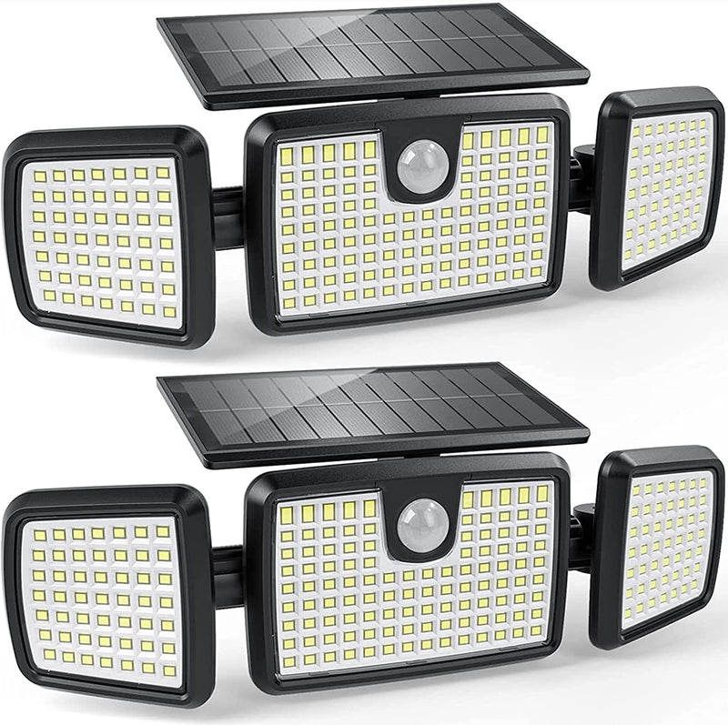 Solar Lights Outdoor, 3 Head Solar Motion Lights Outdoor with 2500LM 218 Leds High Brightness, Built-In Bigger Tempered Glass Solar Panel, Sensitive PIR Motion Inductor (2-Pack)
