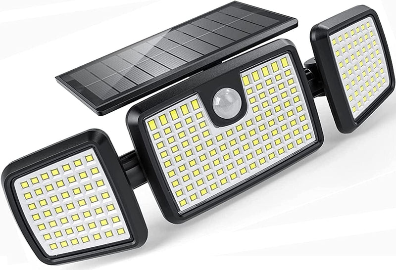 Solar Lights Outdoor, 3 Head Solar Motion Lights Outdoor with 2500LM 218 Leds High Brightness, Built-In Bigger Tempered Glass Solar Panel, Sensitive PIR Motion Inductor (2-Pack)