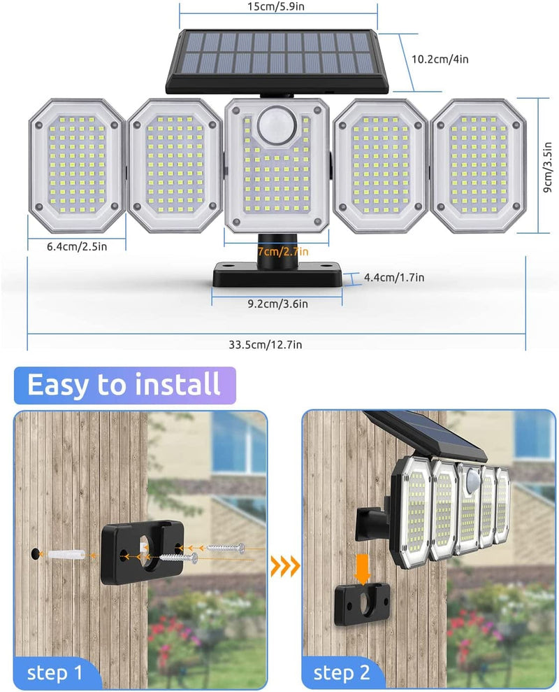 Solar Outdoor Lights, 300LED 2700LM 5 Heads Solar Powered Motion Sensor LED Security Light with Remote Control, IP65 Waterproof LED Floodlight, 360°Beam Angle Wall Lights for Garden Driveway 2 Pack Home & Garden > Lighting > Flood & Spot Lights OTDLIGHT   