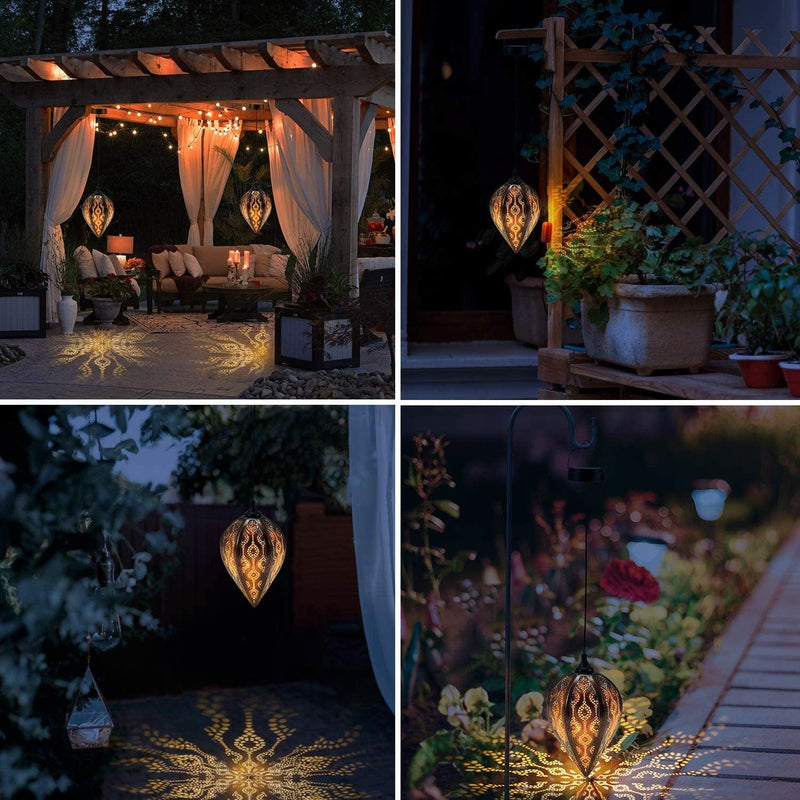 Solar Outdoor Lights Lanterns Waterproof - Oxyled 2 Pack Hanging Decorative Metal Lamps with Pattern for outside Patio Tree Garden Yard Front Porch Backyard Pathway Christmas Decor Decorations Gifts Home & Garden > Lighting > Lamps OxyLED   