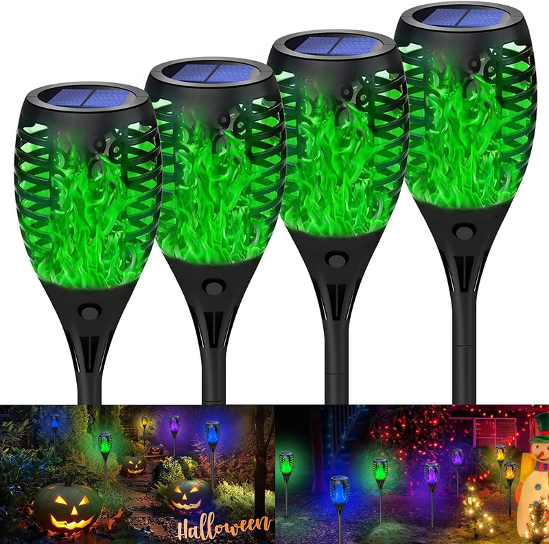 Solar Tiki Torches Lights with Flickering Flame Christmas Decorations Outdoor Torch Light Waterproof Landscape Decor Mini 4 Pack Solar Powered Lamp for Yard, Patio, Garden, Porch (Purple) Home & Garden > Lighting > Lamps Marlrin Green 4 Pack  
