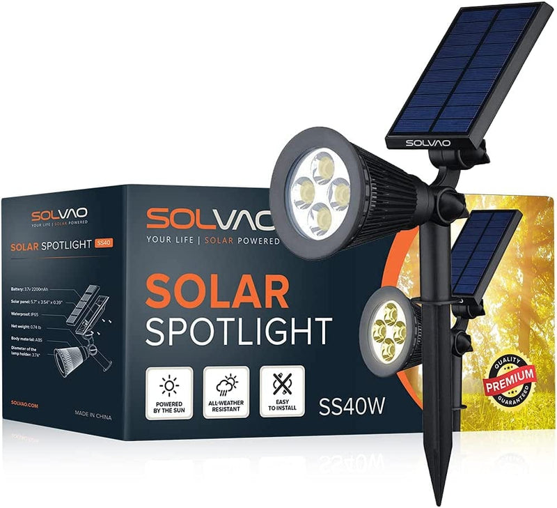 SOLVAO Solar Spot Lights (Upgraded) - Ultra Bright Outdoor LED Spotlights for Landscape, Yard, Flag Pole & Pathway - Waterproof, Sun Powered Uplighting Lamps W/ Stake & Wall / Fence Mounting (2 Pack) Home & Garden > Lighting > Lamps SOLVAO 1 Pack  