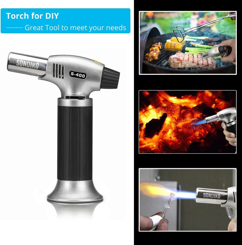 Sondiko Butane Torch S400, Refillable Kitchen Torch Lighter, Fit All Butane Tanks Blow Torch with Safety Lock and Adjustable Flame for Desserts, Creme Brulee, and Baking—Butane Gas Is Not Included