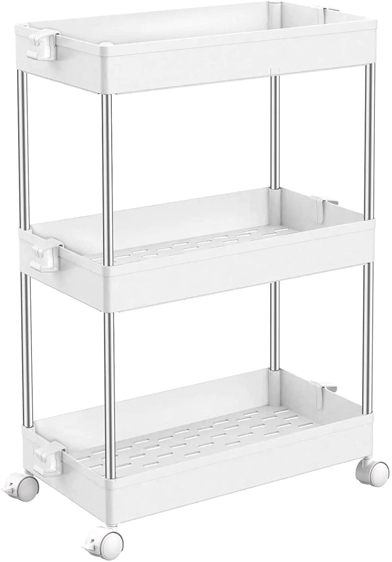 SPACEKEEPER Slim Storage Cart, 3 Tier Bathroom Organizers Rolling Utility Cart Slide Out Storage Shelves Mobile Shelving Unit Organizer for Office, Kitchen, Bedroom, Bathroom, Laundry Room, White Home & Garden > Kitchen & Dining > Food Storage SPACEKEEPER White  