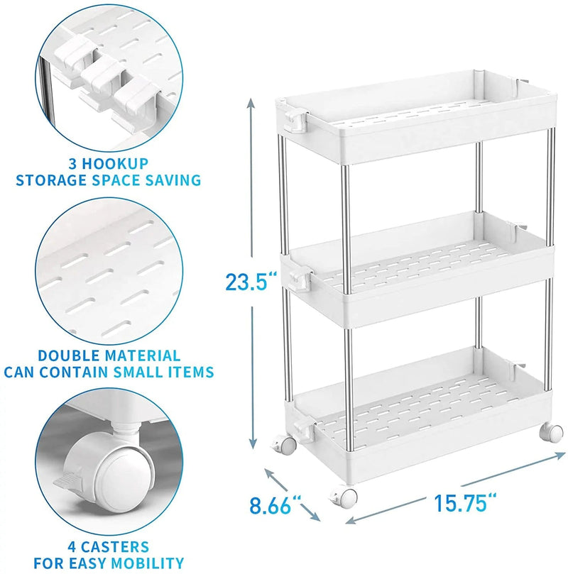 SPACEKEEPER Slim Storage Cart, 3 Tier Bathroom Organizers Rolling Utility Cart Slide Out Storage Shelves Mobile Shelving Unit Organizer for Office, Kitchen, Bedroom, Bathroom, Laundry Room, White Home & Garden > Kitchen & Dining > Food Storage SPACEKEEPER   