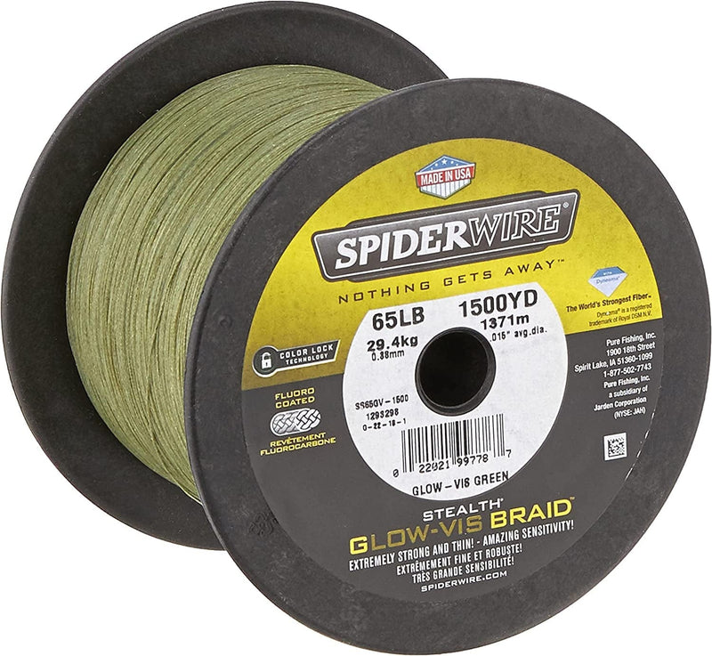 Spiderwire Stealth Braid Fishing Line Sporting Goods > Outdoor Recreation > Fishing > Fishing Lines & Leaders Pure Fishing Glow-Vis Green 65 Pounds 1500 Yards