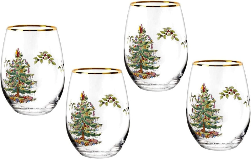 Spode Christmas Tree Stemless Wine Glasses- Set of 4 -19 Ounces- Made of Glass – Gold Rim- Classic Drinkware- Gift for Christmas, Holidays, or Wedding Home & Garden > Kitchen & Dining > Tableware > Drinkware Spode   