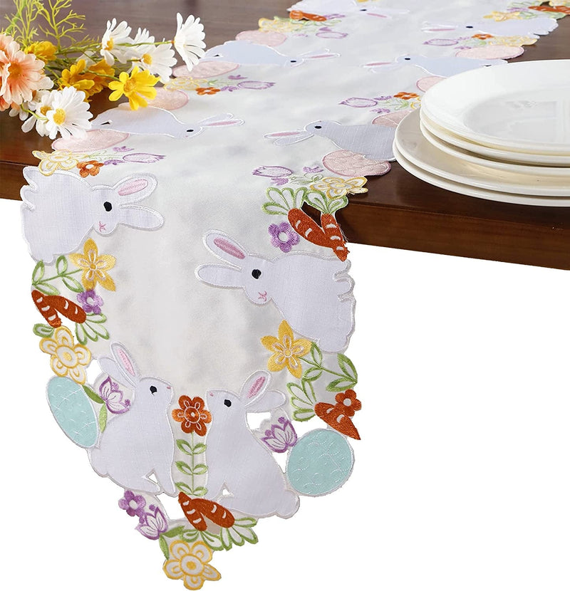 Spring Easter Bunny Table Runner 13"×68" ,Cutwork Embroidered Bunny Flowery Dresser Scarf Table Topper, Home Kitchen Dining Tabletop Decoration,Spring Color, Easter Bunny-3 Home & Garden > Decor > Seasonal & Holiday Decorations GRANDDECO   