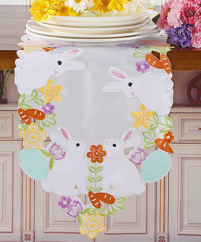 Spring Easter Bunny Table Runner 13"×68" ,Cutwork Embroidered Bunny Flowery Dresser Scarf Table Topper, Home Kitchen Dining Tabletop Decoration,Spring Color, Easter Bunny-3 Home & Garden > Decor > Seasonal & Holiday Decorations GRANDDECO   