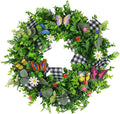 Spring/Easter Wreath Decoration, 18 Inch Artificial Green Leaves Daisy Wreath with Butterfly and Burlap Buffalo Plaid Bows, Spring Wreath for Front Door Farmhouse Easter Spring Decorations Home & Garden > Decor > Seasonal & Holiday Decorations Comken Spring Wreath  