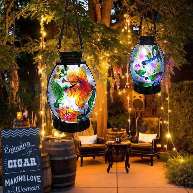 SUBOLO Hanging Solar Lantern Outdoor Garden Metal Glass Dragonfly & Hummingbird Pattern LED Light Solar Powered Waterproof Landscape Table Lamp for Patio, Yard and Pathway - 1 Pc Home & Garden > Lighting > Lamps SUBOLO Dragonfly & Hummingbird Decor  