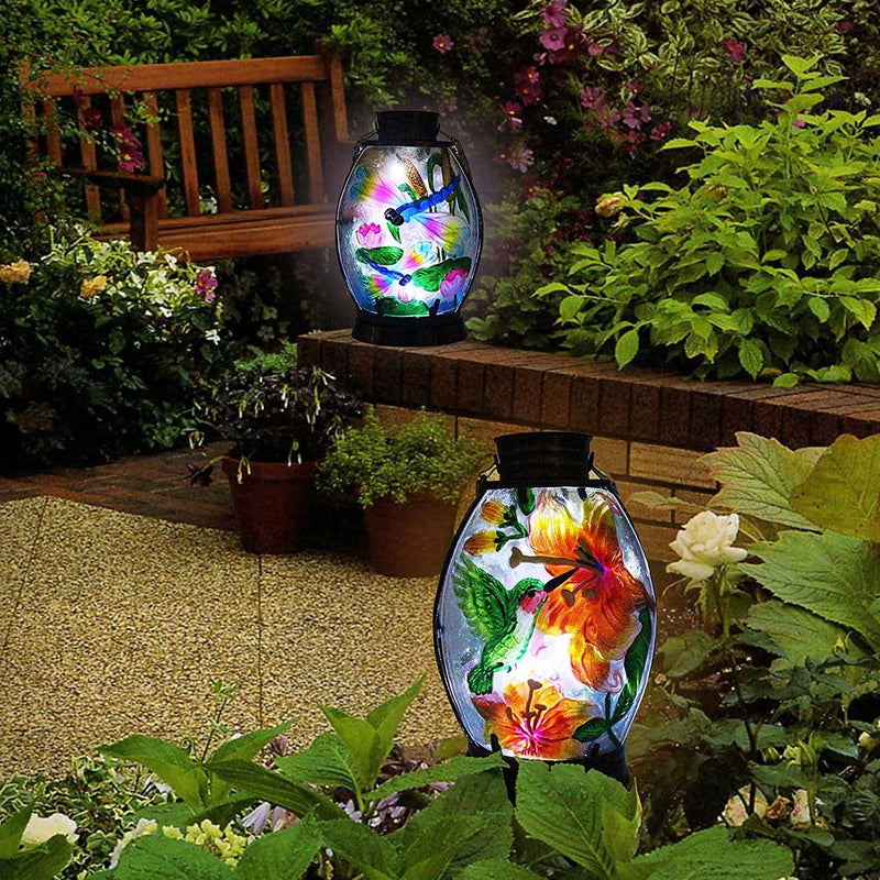 SUBOLO Hanging Solar Lantern Outdoor Garden Metal Glass Dragonfly & Hummingbird Pattern LED Light Solar Powered Waterproof Landscape Table Lamp for Patio, Yard and Pathway - 1 Pc Home & Garden > Lighting > Lamps SUBOLO   