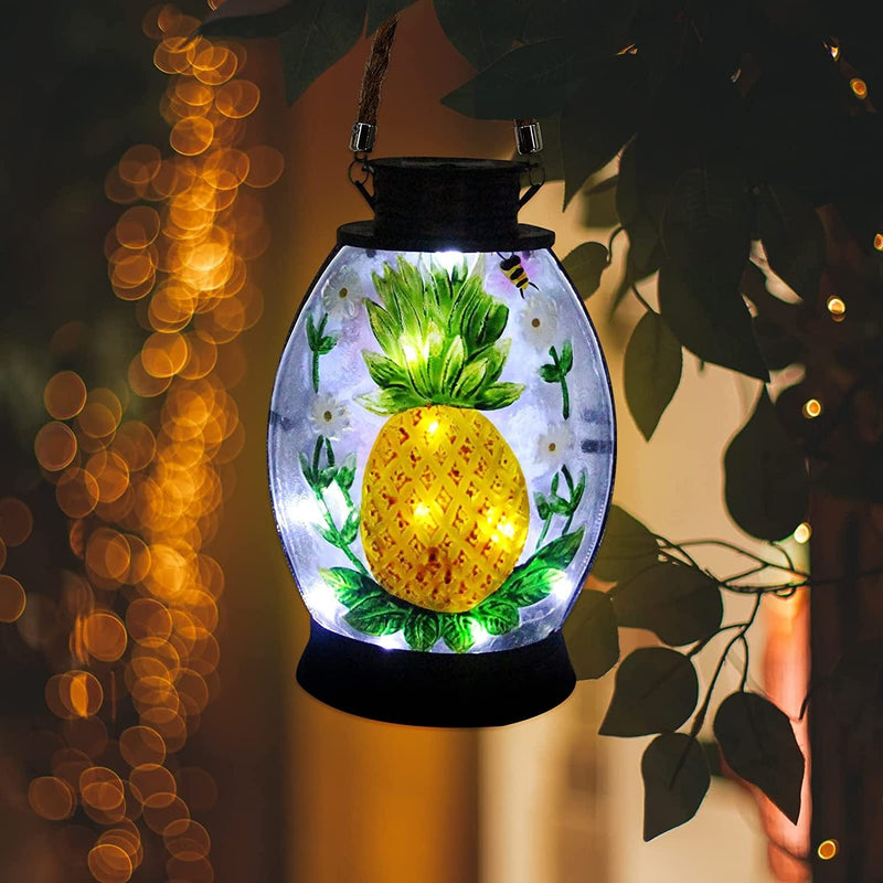 SUBOLO Hanging Solar Lantern Outdoor Garden Metal Glass Dragonfly & Hummingbird Pattern LED Light Solar Powered Waterproof Landscape Table Lamp for Patio, Yard and Pathway - 1 Pc Home & Garden > Lighting > Lamps SUBOLO Pineapple & Bee Decor  