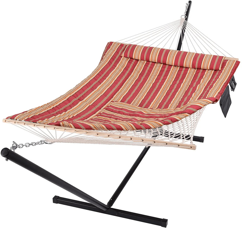 SUNCREAT Cotton Rope Hammock for Two People with Hardwood Spreader Bar, Quilted Fabric Pad & Detachable Pillow, Extra Large Indoor/Outdoor Hammock with 12 FT Steel Stand, Ipad Bag & Cup Holder, Grey