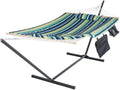 SUNCREAT Cotton Rope Hammock for Two People with Hardwood Spreader Bar, Quilted Fabric Pad & Detachable Pillow, Extra Large Indoor/Outdoor Hammock with 12 FT Steel Stand, Ipad Bag & Cup Holder, Grey Home & Garden > Lawn & Garden > Outdoor Living > Hammocks SUNCREAT Blue  