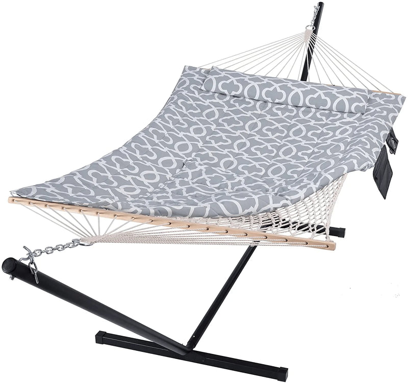 SUNCREAT Cotton Rope Hammock for Two People with Hardwood Spreader Bar, Quilted Fabric Pad & Detachable Pillow, Extra Large Indoor/Outdoor Hammock with 12 FT Steel Stand, Ipad Bag & Cup Holder, Grey Home & Garden > Lawn & Garden > Outdoor Living > Hammocks SUNCREAT Circle Pattern  
