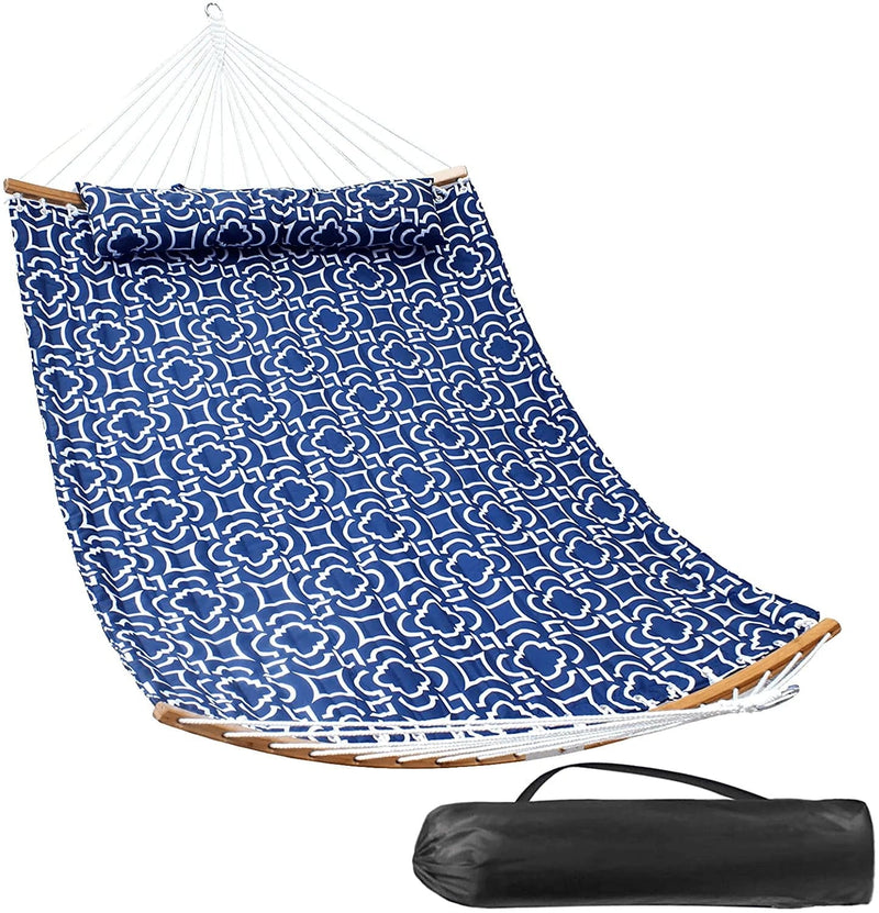 SUNNY GUARD 11FT Double Hammock Quilted Fabric Curved-Bar Bamboo＆Detachable Pillow,2 Person Hammock for Outdoor Patio Backyard 75"x55",Navy Blue Home & Garden > Lawn & Garden > Outdoor Living > Hammocks SUNNY GUARD Navy Blue  