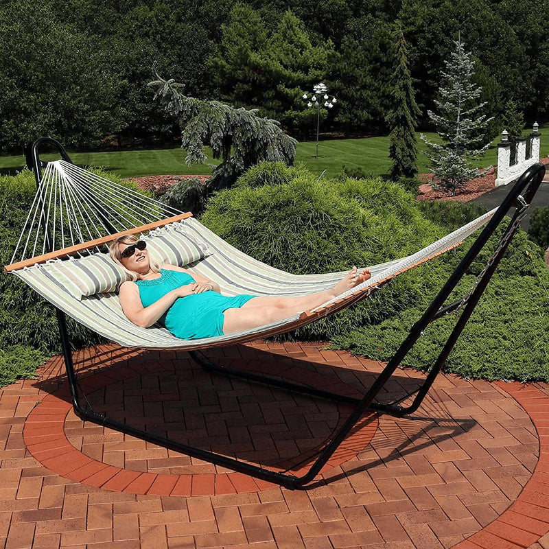 Sunnydaze 2-Person Quilted Printed Fabric Spreader Bar Hammock and Pillow - Large Modern Cloth Hammock with Metal S Hooks and Hanging Chains - Heavy Duty 450-Pound Water Capacity - Khaki Stripe Home & Garden > Lawn & Garden > Outdoor Living > Hammocks Sunnydaze   