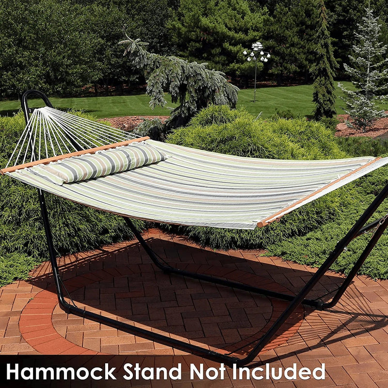 Sunnydaze 2-Person Quilted Printed Fabric Spreader Bar Hammock and Pillow - Large Modern Cloth Hammock with Metal S Hooks and Hanging Chains - Heavy Duty 450-Pound Water Capacity - Khaki Stripe