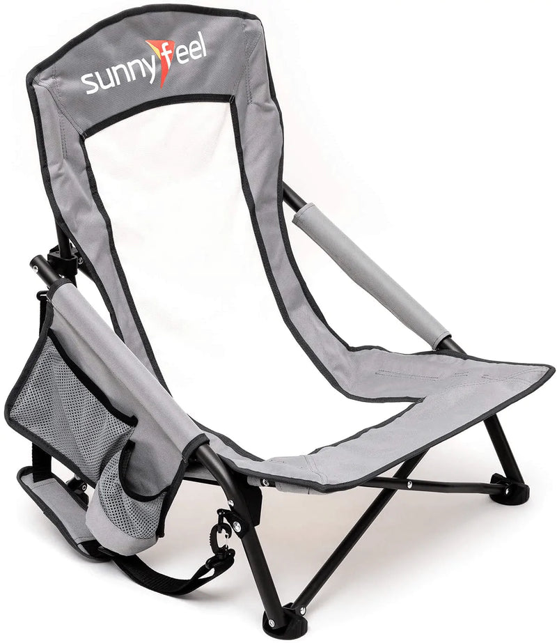 SUNNYFEEL Folding Camping Chair, Low Beach Chair Lightweight with Mesh Back,Cup Holder,Side Pocket,Padded Armrest,Sling, Portable Camp Chairs for Outdoor Picnic Fishing Lawn Concert (Green) Sporting Goods > Outdoor Recreation > Camping & Hiking > Camp Furniture Sunnyfeel Grey  
