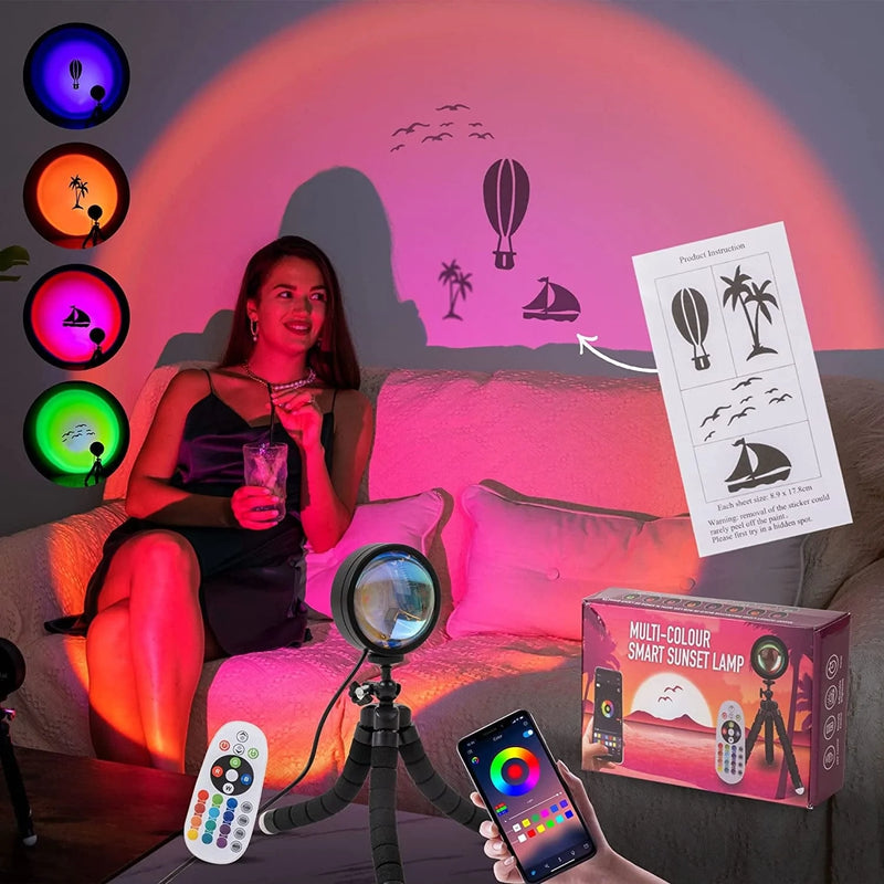 Sunset Lamp Projection,16 Colors LED, 360° Rotation Rainbow Night Light ,Remote+App Controlled, Lamp Projector for Bedroom, Living Room, Party, Photography, Tiktok, Comes with 4-Included Stickers